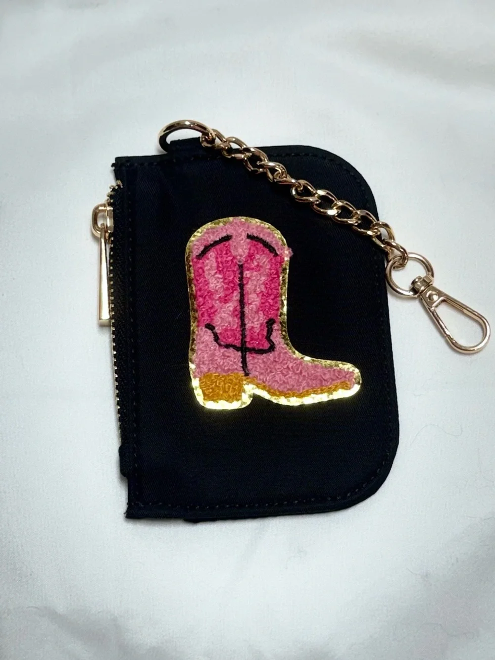 Black Key Pouch with Pink Sequin Boot Charm and Gold Chain